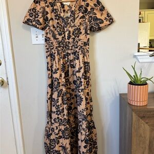 Anthropologie Black Floral on Tan Maxi Dress